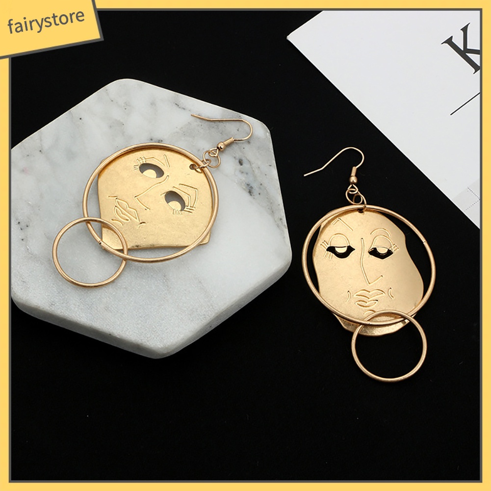 Khuyên Tai Dạng Móc Mặt Người Không Đối Xứng Chạm Khắc Thời Trang Cho Nữ