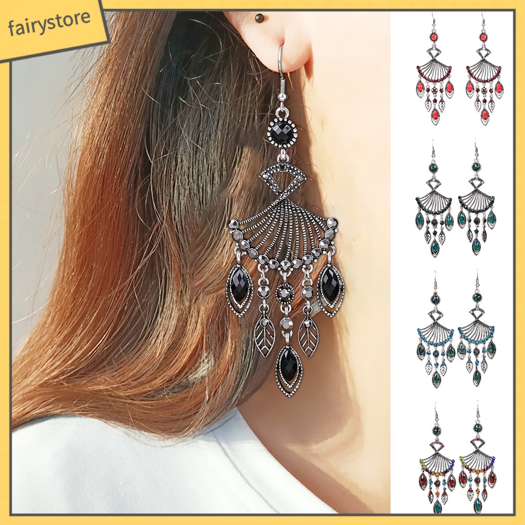 1 Đôi Bông Tai Dáng Dài Hình Quạt Đính Pha Lê Giả Phong Cách Bohemian Thời Trang Cho Nữ