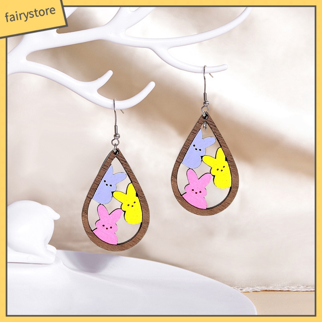 1 Đôi Bông Tai Hình Giọt Nước Họa Tiết Thỏ Bằng Gỗ Thời Trang