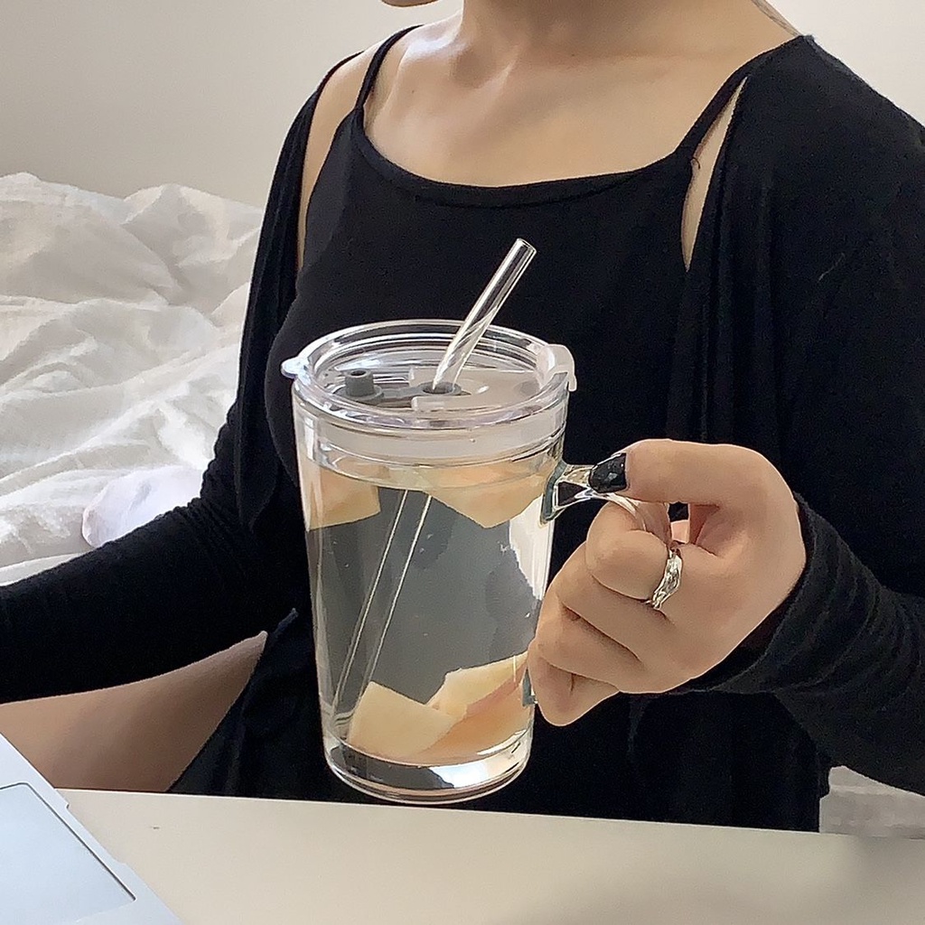 Cốc Uống Sữa Bằng Thủy Tinh Có Tay Cầm Và Nắp Đậy Tiện Lợi Dành Cho Nam Và Nữ