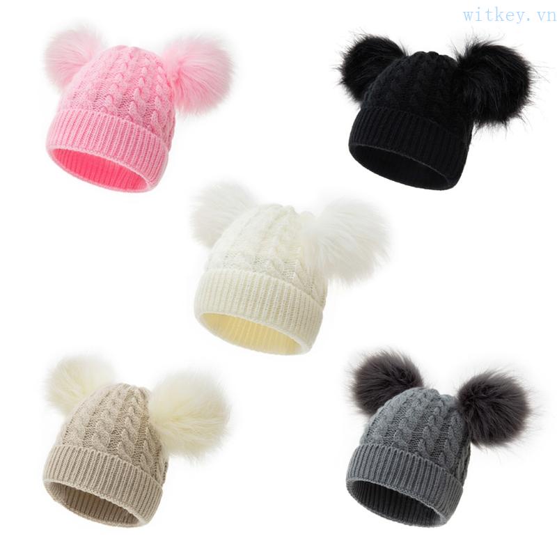 Mũ beanie Trùm Đầu Giữ Ấm Đính Quả Bông Cho Bé