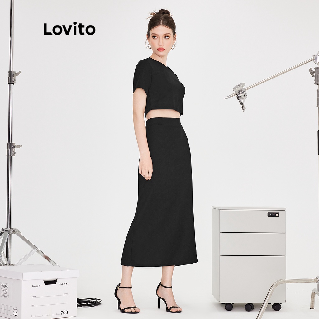 Set chân váy Lovito xẻ tà cơ bản màu trơn thanh lịch cho nữ L51ED154 (màu đen)