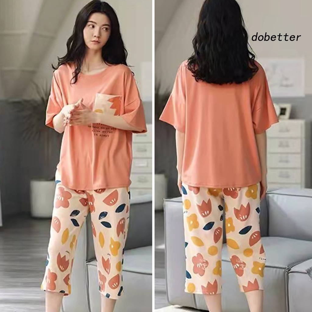 Bộ Đồ Ngủ 2 Món Áo Tay Ngắn Cổ Tròn In Hoạt Hình Phối Quần Lưng Thun Thời Trang Mùa Hè Cho Nữ