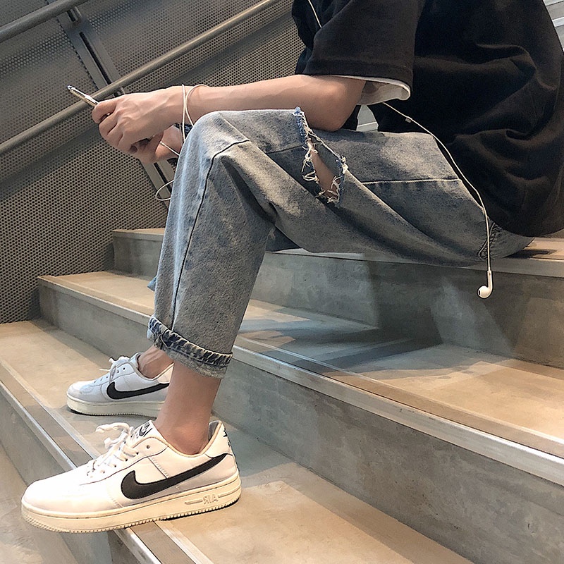 Quần Jean Dài Dáng Rộng Rách Gối Phong Cách Đường Phố Thời Trang Xuân Hè Cho Nam