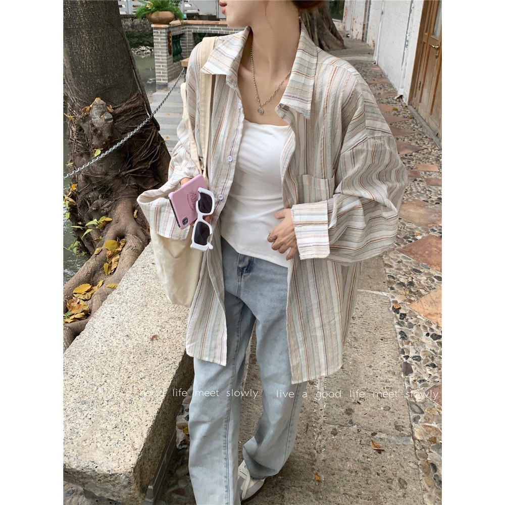 Áo Khoác Sơ Mi Cardigan Chống Nắng Dáng Rộng Tay Dài Kẻ Sọc Kiểu Retro Nhật Bản Thời Trang Mùa Hè Cho Nữ