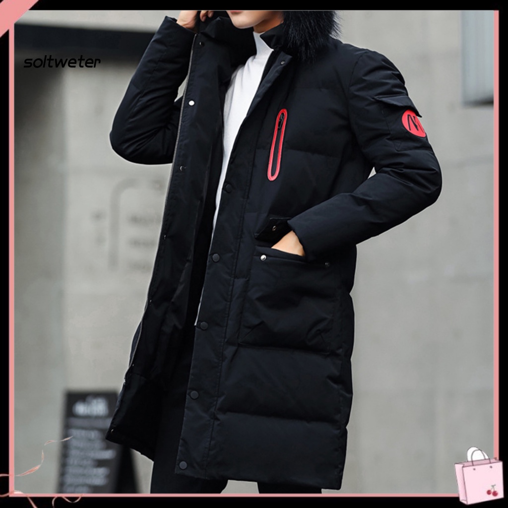 Áo Khoác Phao Có Nón Tay Dài Màu Trơn Phối Lông Giả Màu Sắc Thời Trang Đường Phố Mùa Đông Cho Nam