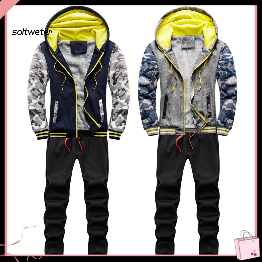 1 Bộ Đồ Thể Thao Áo Khoác Cardigan Có Mũ Trùm + Quần Dài Lót Lông Họa Tiết Rằn Ri Chống Lạnh Thời Trang Mùa Đông Cho Nam