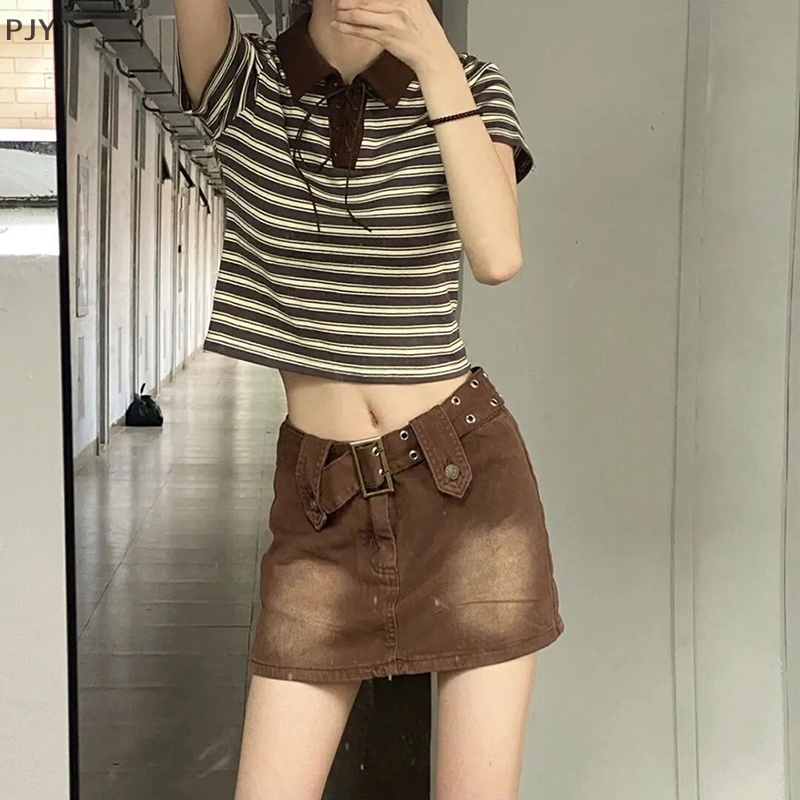 Chân Váy Jean Y2K Lưng Thấp Có Túi Quyến Rũ Hợp Thời Trang