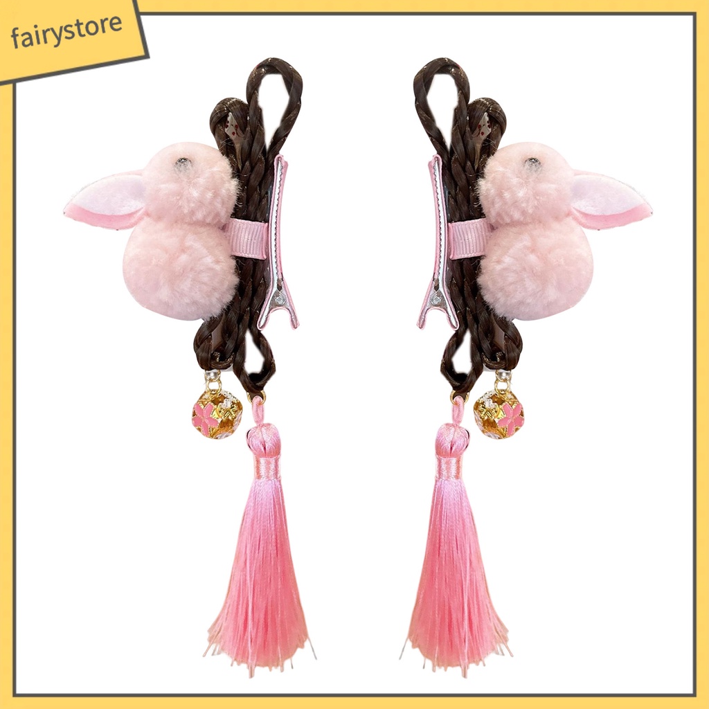 1 Cặp Kẹp Tóc Đính Tua Rua Thiết Kế Hình Thỏ Màu Sắc Dễ Thương Phong Cách Trung Hoa Cho Bé Gái