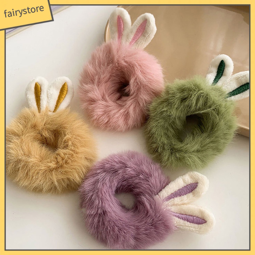 Dây Cột Tóc Tai Thỏ Lông Nhung Mềm Co Giãn Cao Chống Trượt Màu Kẹo Ngọt