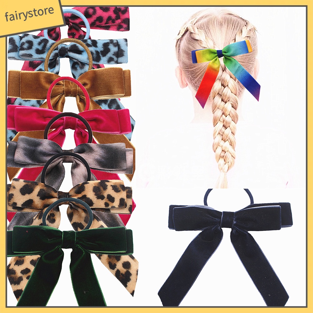 Dây Buộc Tóc Co Giãn Đính Nơ Họa Tiết Da Báo Ngọt Ngào Cho Bé Gái