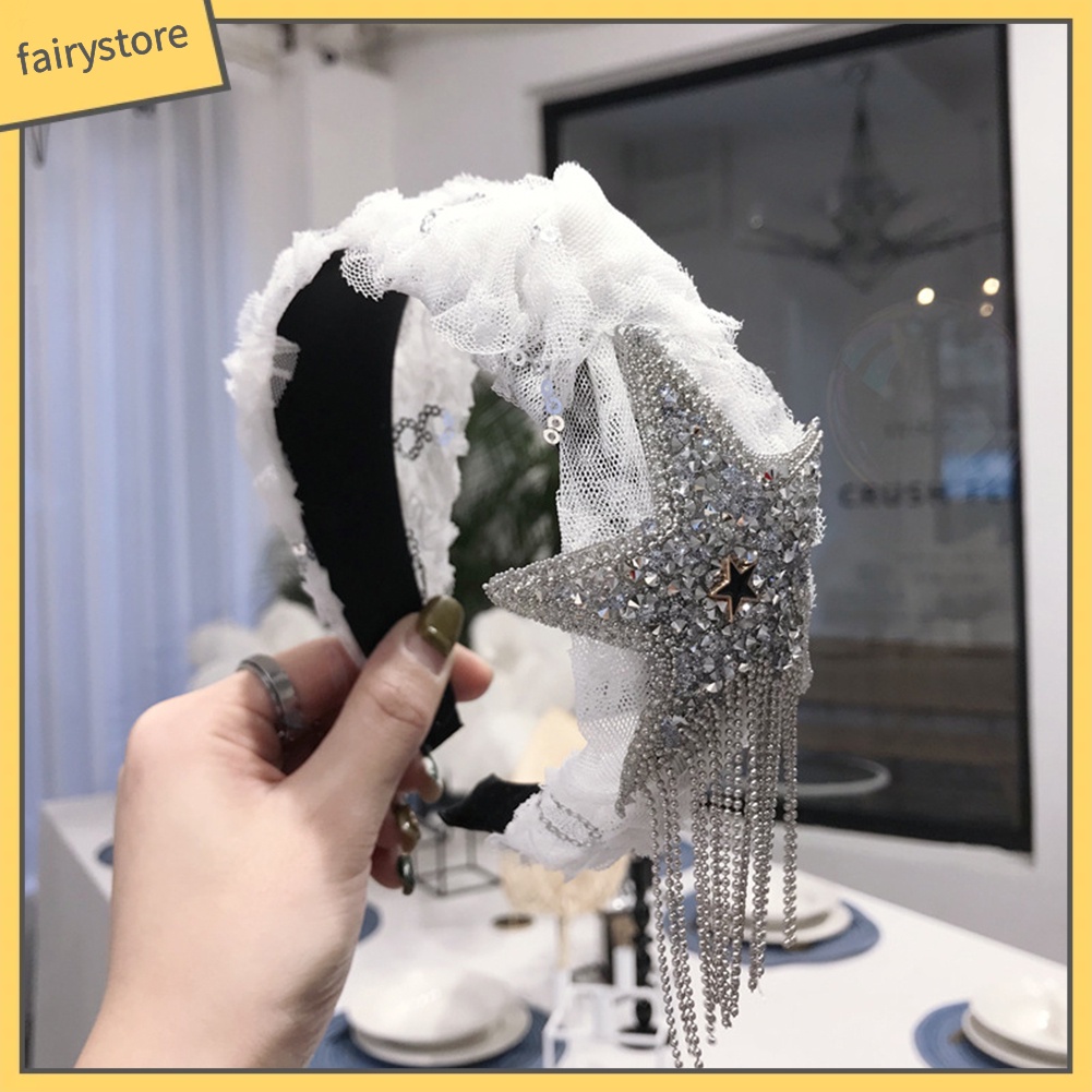 Băng Đô Cài Tóc Bản Rộng Thắt Nút Đính Đá &amp; Tua Rua Cho Nữ