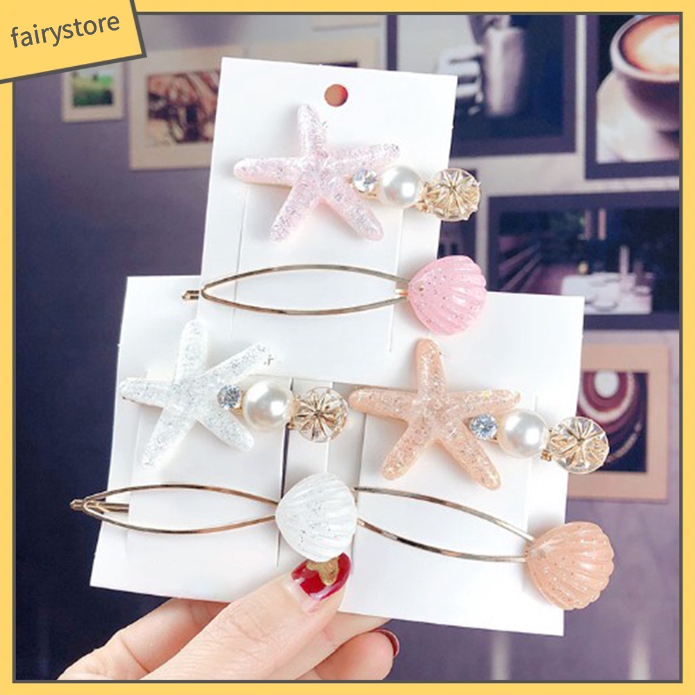 Set 2 Kẹp Tóc Hình Vỏ Sò / Sao Biển Đính Ngọc Trai Giả Thời Trang Cho Nữ