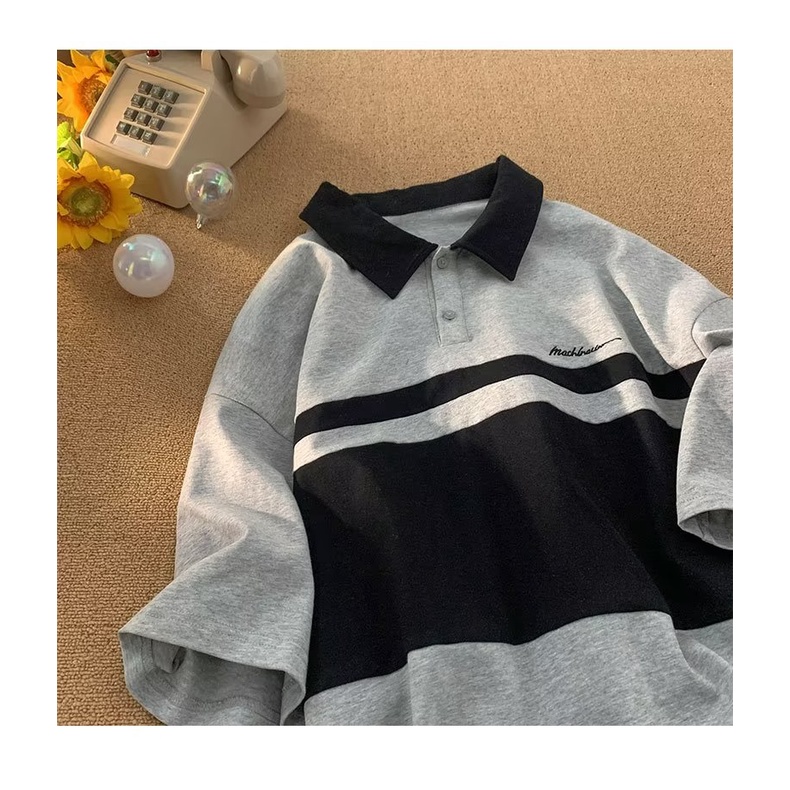 Áo Thun Polo Tay Lửng Dáng Rộng Màu Tương Phản Thời Trang Mùa Hè 2023 Phong Cách Đường Phố Mỹ Mới Cho Nam