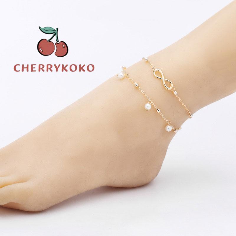 🍒🍒CHERRYKOKO Lắc Chân Hai Lớp Bằng Thép Không Gỉ Đính Ngọc Trai Thời Trang Dành Cho Nữ