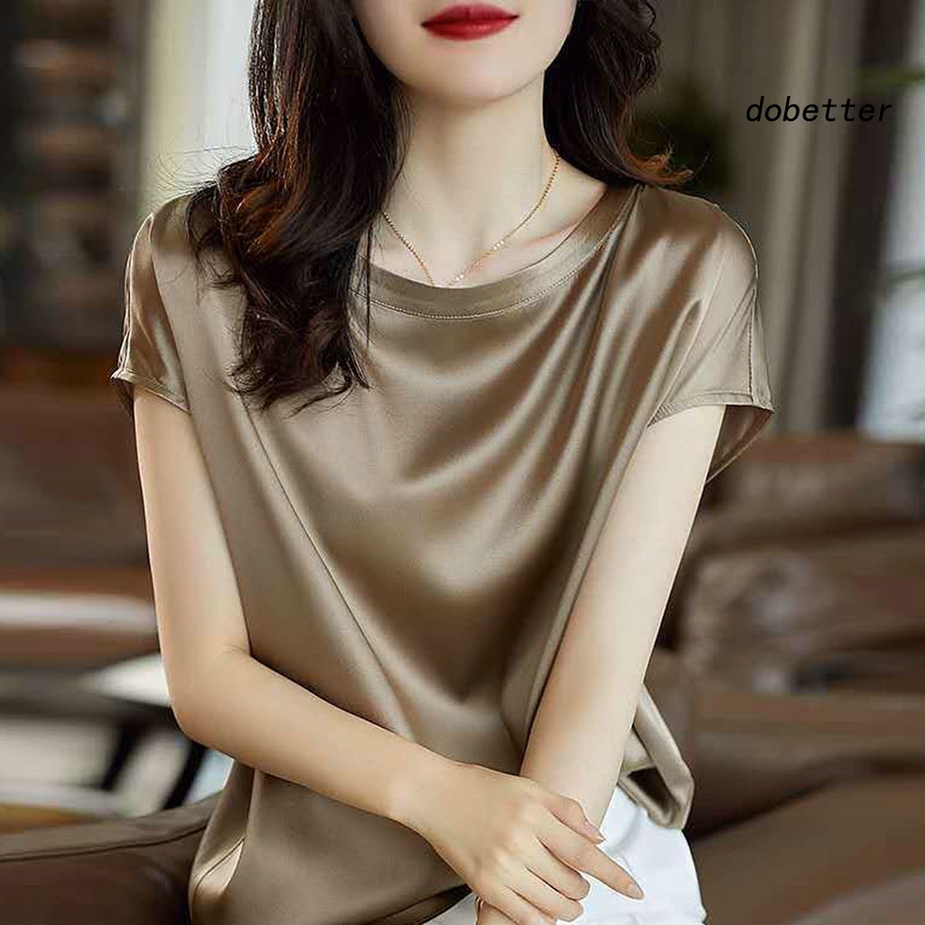 Áo Thun Satin Tay Ngắn Cổ Tròn Màu Sắc Đơn Giản Dành Cho Nữ