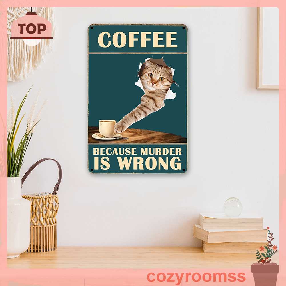 Bảng Kim Loại Hình Chữ Nhật Vẽ Hình Mèo Uống Cà Phê Trang Trí Tường Nhà Để Xe