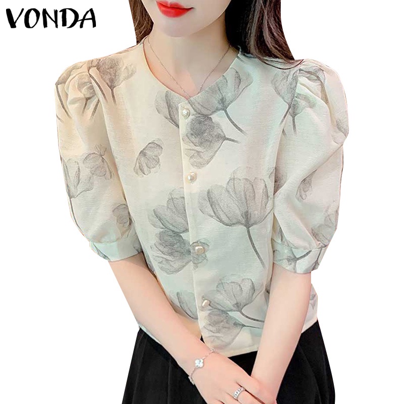 Áo Sơ Mi Tay Ngắn Phồng Cổ Tròn In Họa Tiết Hoa Phong Cách Hàn Quốc Thời Trang Cho Nữ