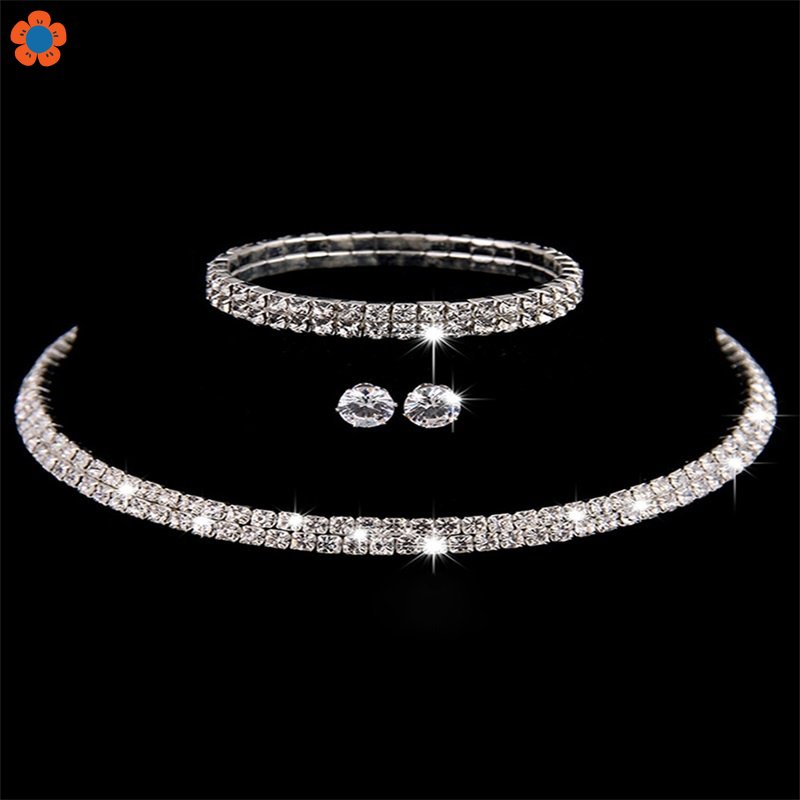 Bộ Trang Sức Thời Trang Màu Bạc Đính Pha Lê Hình Học Cho Cô Dâu