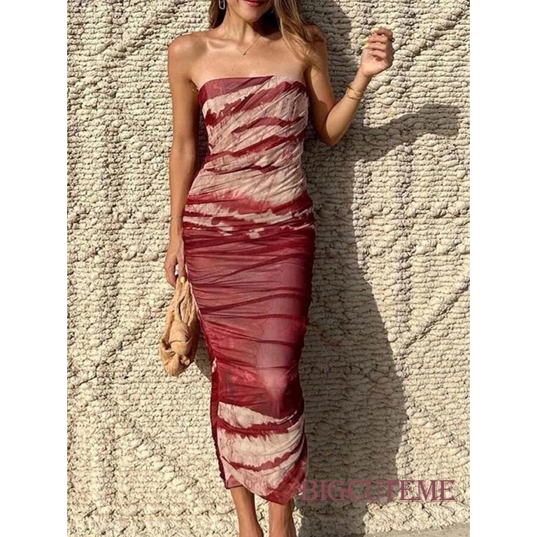 [] Đầm Ống Ôm Dáng Không Dây Dạng Lưới In Họa Tiết Có Khóa Kéo Thời Trang Đi Biển Mùa Hè Cho Nữ