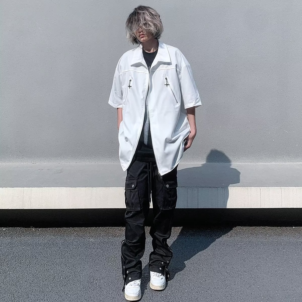 Áo Sơ Mi Tay Ngắn Màu Đen Có Khóa Kéo Dáng Rộng Phong Cách Đường Phố Mỹ Cá Tính Cho Nam