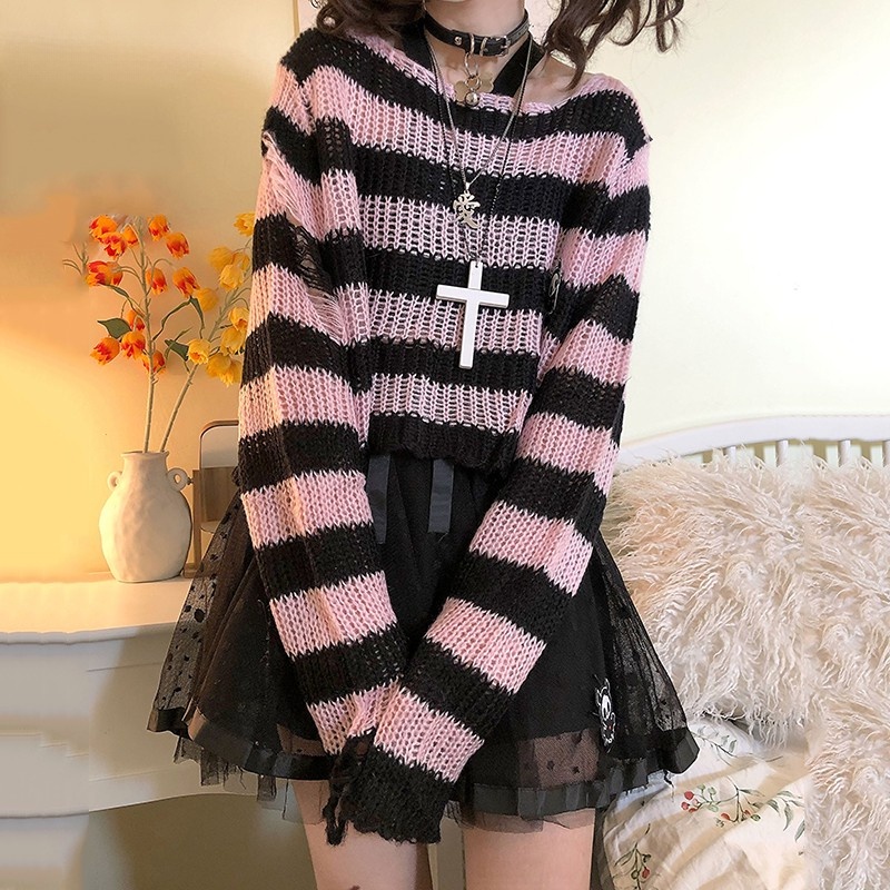 Y2k Karrram Áo Sweater Dệt Kim Chui Đầu Dáng Rộng Rách Lỗ Phong Cách Gothic Đường Phố Cho Nữ