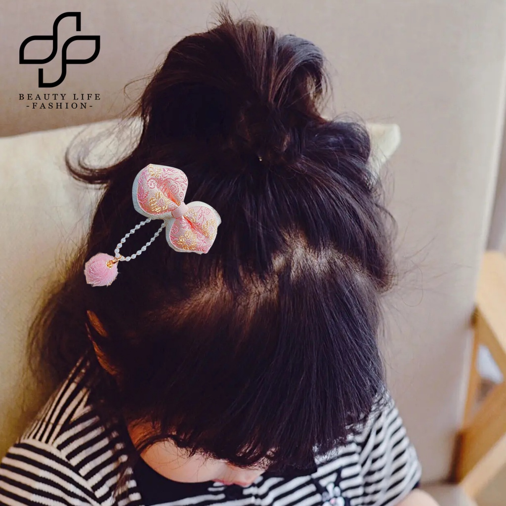 Bộ 2 Kẹp Tóc Nơ Đính Bóng Lông Tua Rua Đỏ Phong Cách Trung Hoa Cổ Điển Mừng Năm Mới Cho Bé Gái