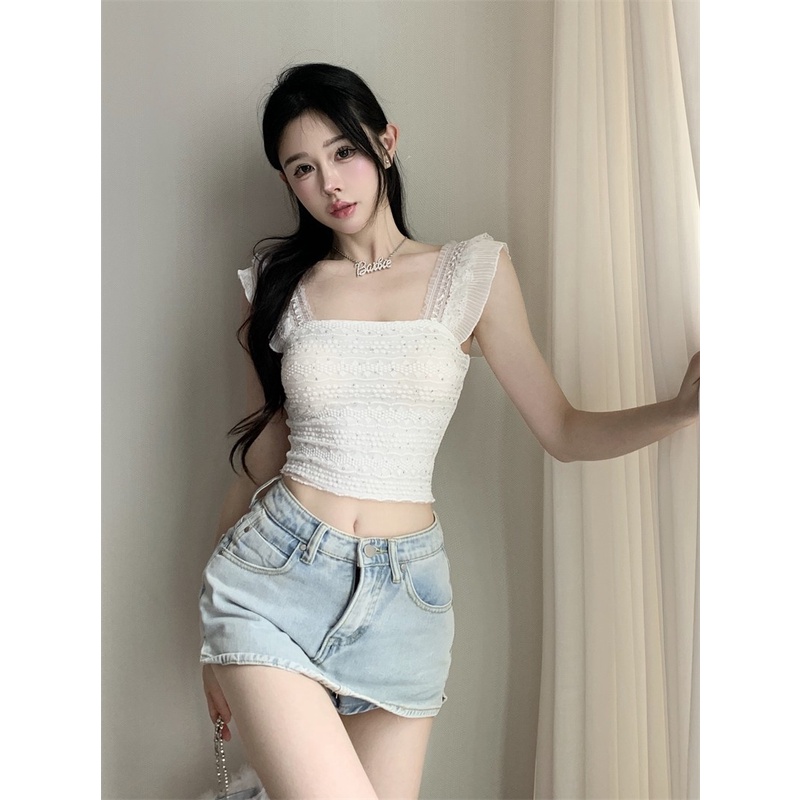 Áo Croptop  ba lỗ hở rốn màu đen dáng ngắn ren gợi cảm khí chất phong cách Hàn Quốc mùa hè nữ