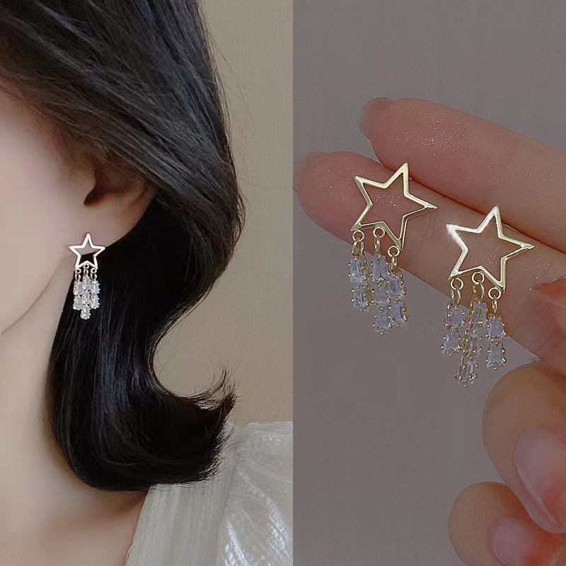 Khuyên Tai Tua Rua Đính Đá zircon Ngôi Sao Năm Cánh Sang Trọng Cá Tính