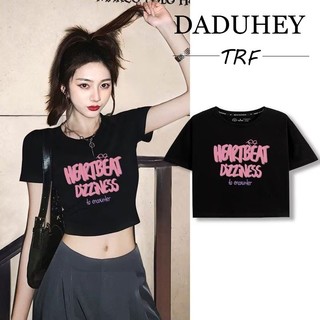 DaDuHey💕 New American Ins High Street Letter Printing Short-sleeved Niche Short T-shirt Slim Retro Top