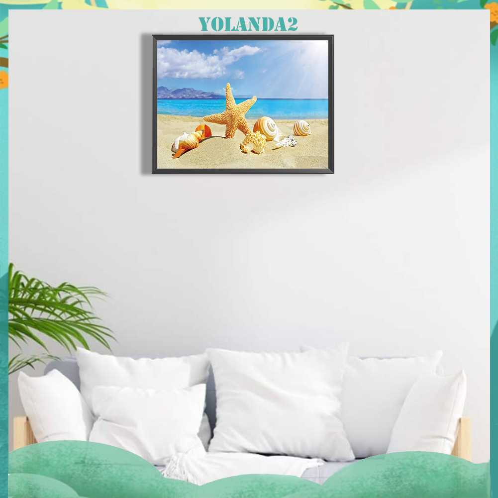 Tranh Đính Đá Kim Cương Toàn Bộ 5D DIY Hình Vẽ Bãi Biển Vỏ Sò