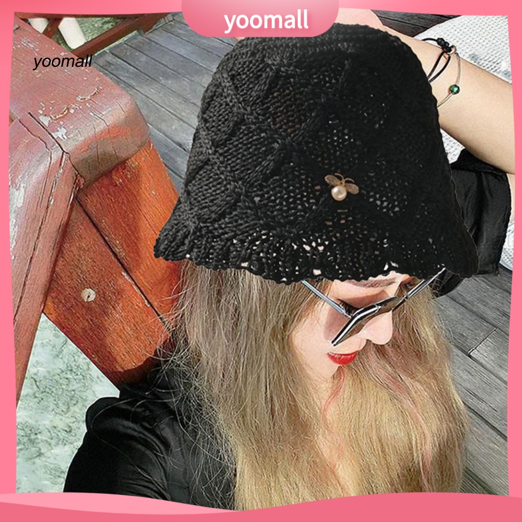 Mũ Bucket Màu Trơn Đính Ngọc Trai Giả Vành Ngắn Thời Trang Mùa Hè Cho Nữ