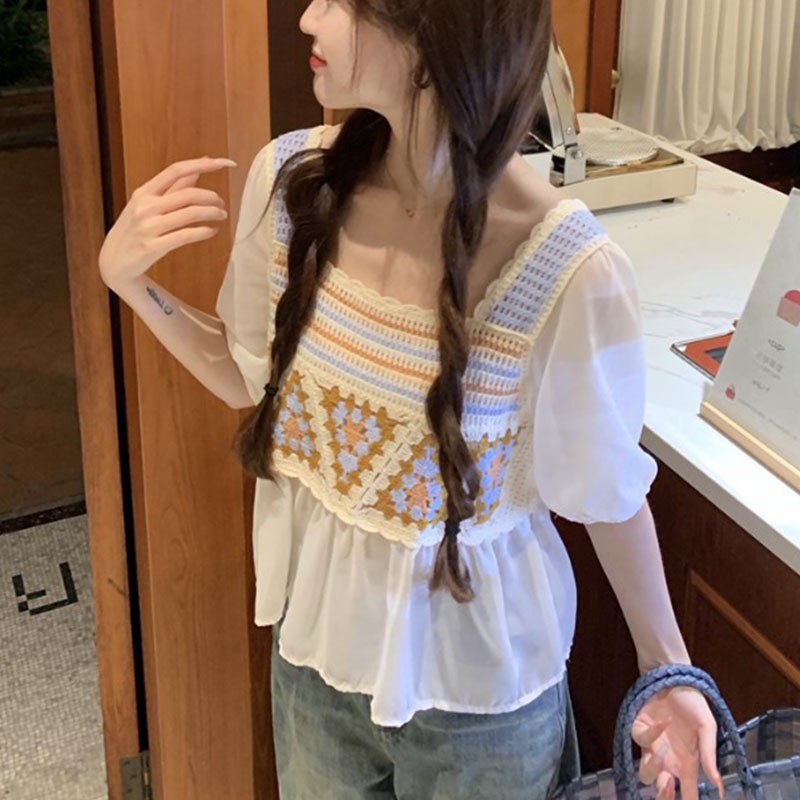 Áo Cổ Vuông Giả Hai Lớp Thời Trang Mùa Hè Hàn Quốc 2023