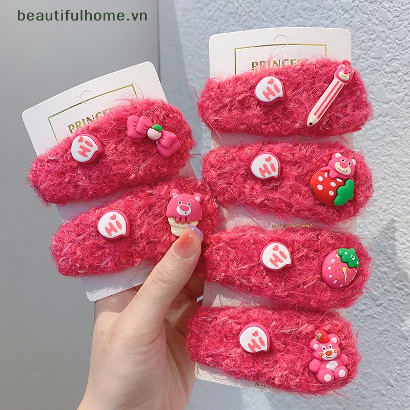 [beautifulhome] Kẹp Tóc Mái Bằng Lông Giả Họa Tiết Dâu Tây / Gấu Hoạt Hình Dễ Thương Ngọt Ngào Cho Nữ [Đẹp]