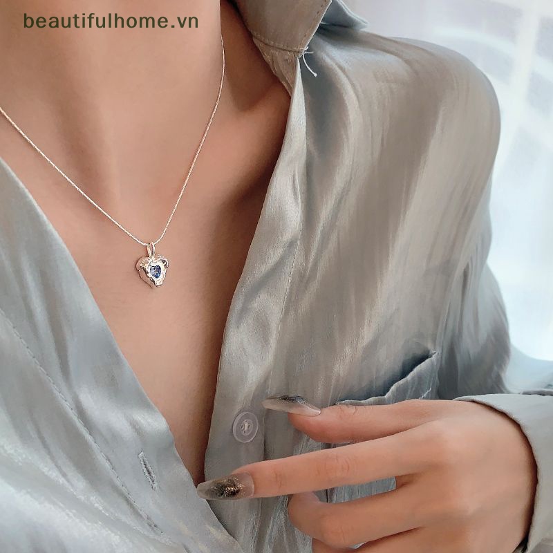 Vòng cổ Bạc Mặt Trái Tim Đính Pha Lê Xanh Dương Thời Trang Hàn Quốc Cho Nữ
