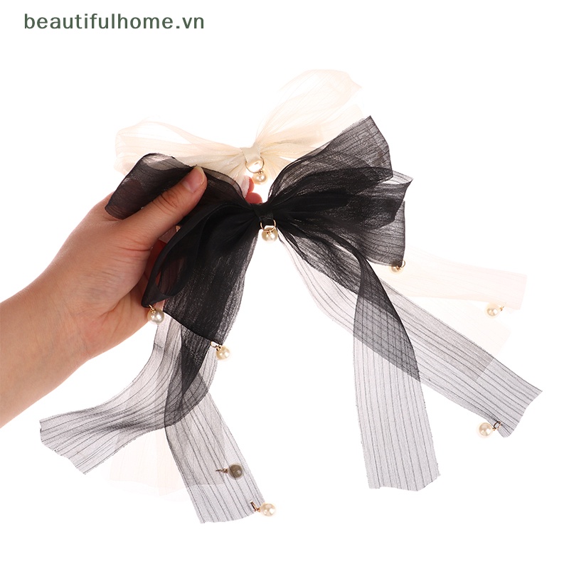 Kẹp Tóc Thắt Nơ Sợi Lưới Trắng Đen Mới Cho Nữ [Beautyhome]