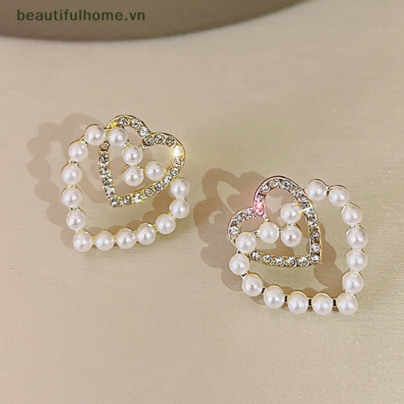 Bông Tai Hình Trái Tim Đính Ngọc Trai Giả Xinh Xắn