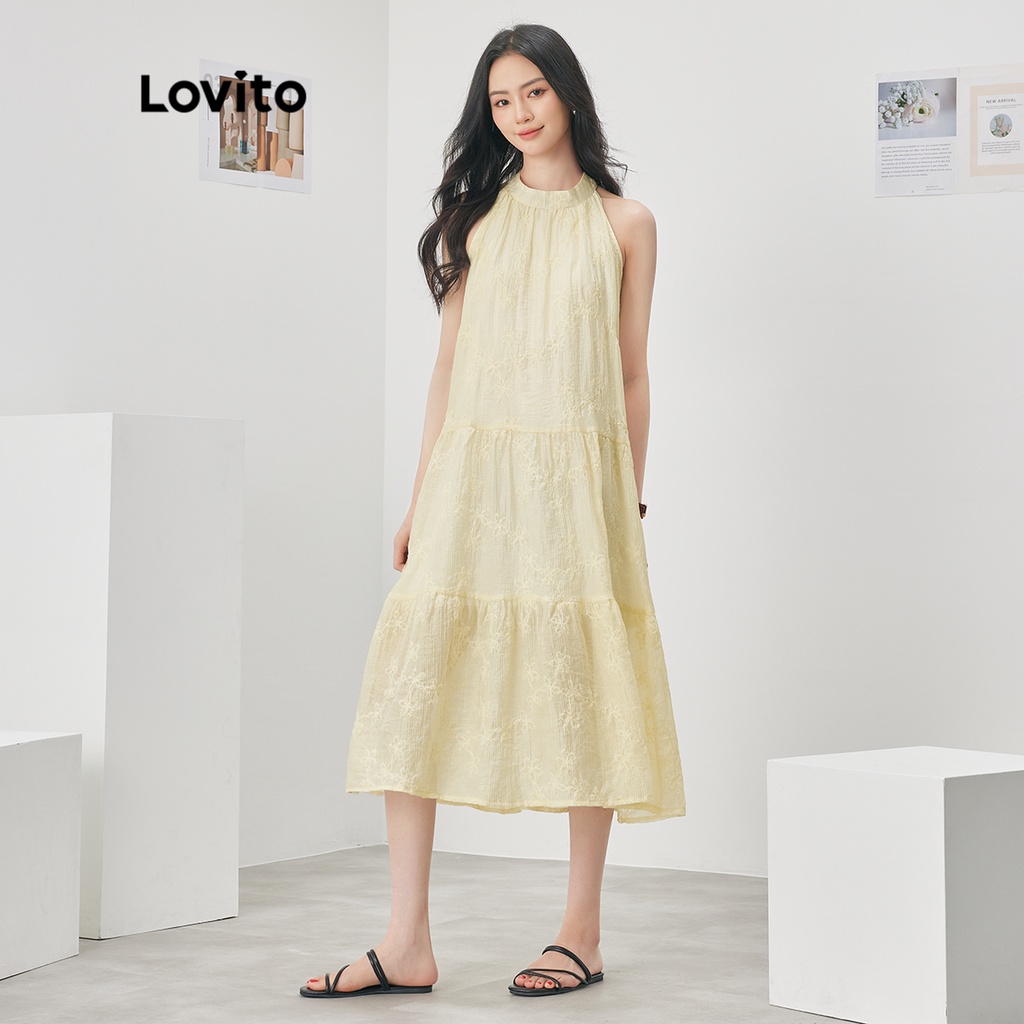 Đầm Lovito dáng chữ A không tay màu trơn dây buộc phía sau phong cách thường ngày dành cho nữ L52AD082 (màu mơ/trắng)