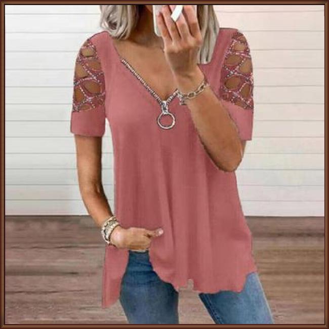 Áo Thun Tay Ngắn Cổ Chữ V Khoét Lỗ Màu Sắc Thời Trang Mùa Hè Cho Nữ