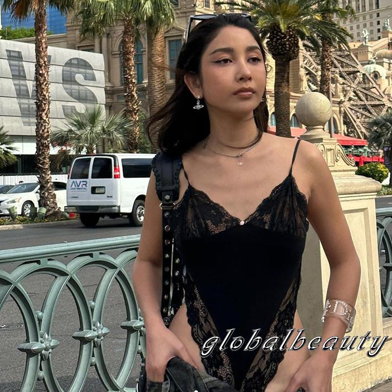 Áo Liền Quần Hai Dây Phối Ren Cổ Chữ V Gợi Cảm Cho Nữ