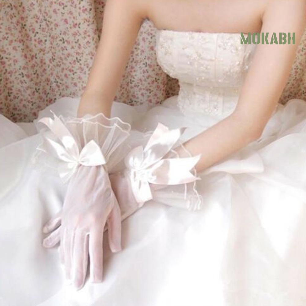 Găng Tay Ngắn Phối Ren Nơ Dành Cho Cô Dâu