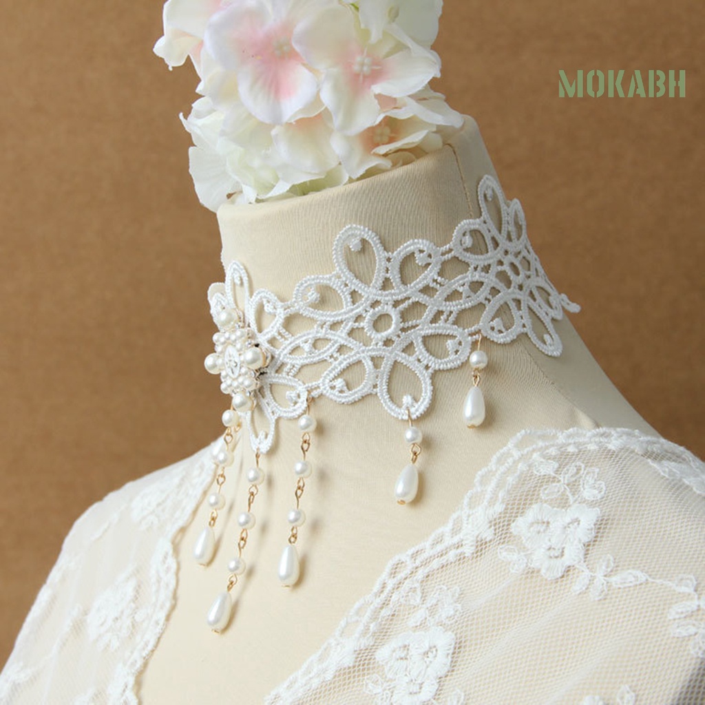 [Mokabh] Vòng Cổ Choker Ren Trắng Đính Ngọc Trai Giả Thanh Lịch Có Thể Điều Chỉnh Trang Sức Cưới Dành Cho Nữ