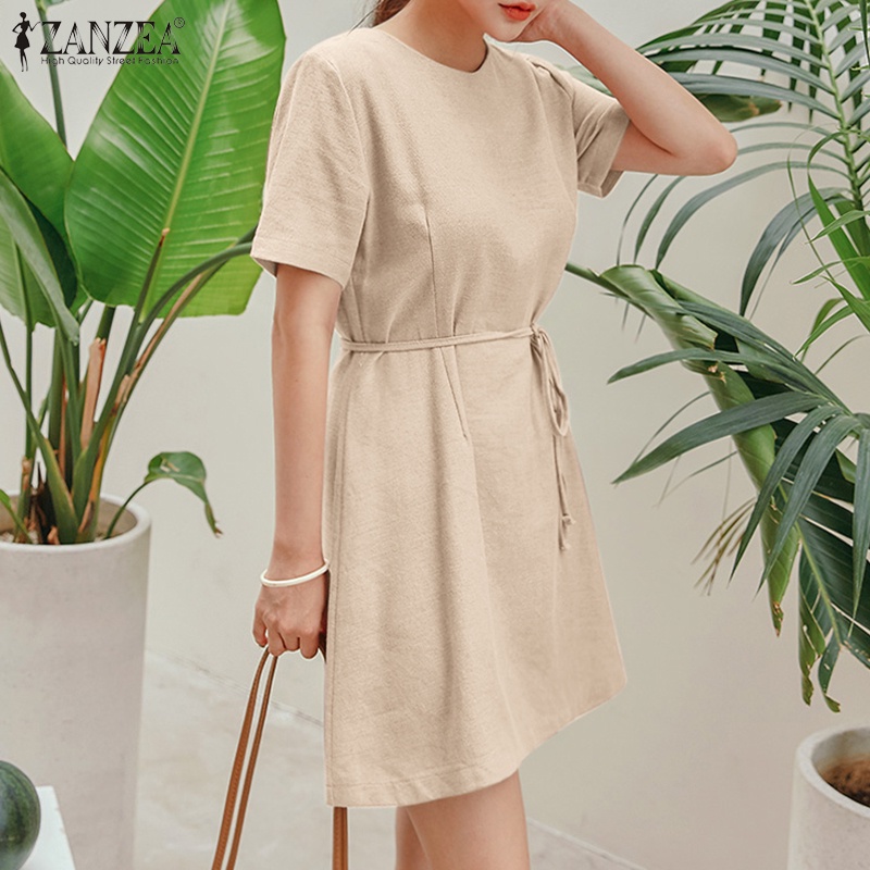 Zanzea Đầm Nữ Ngắn Tay Cổ Tròn Thời Trang Hàn