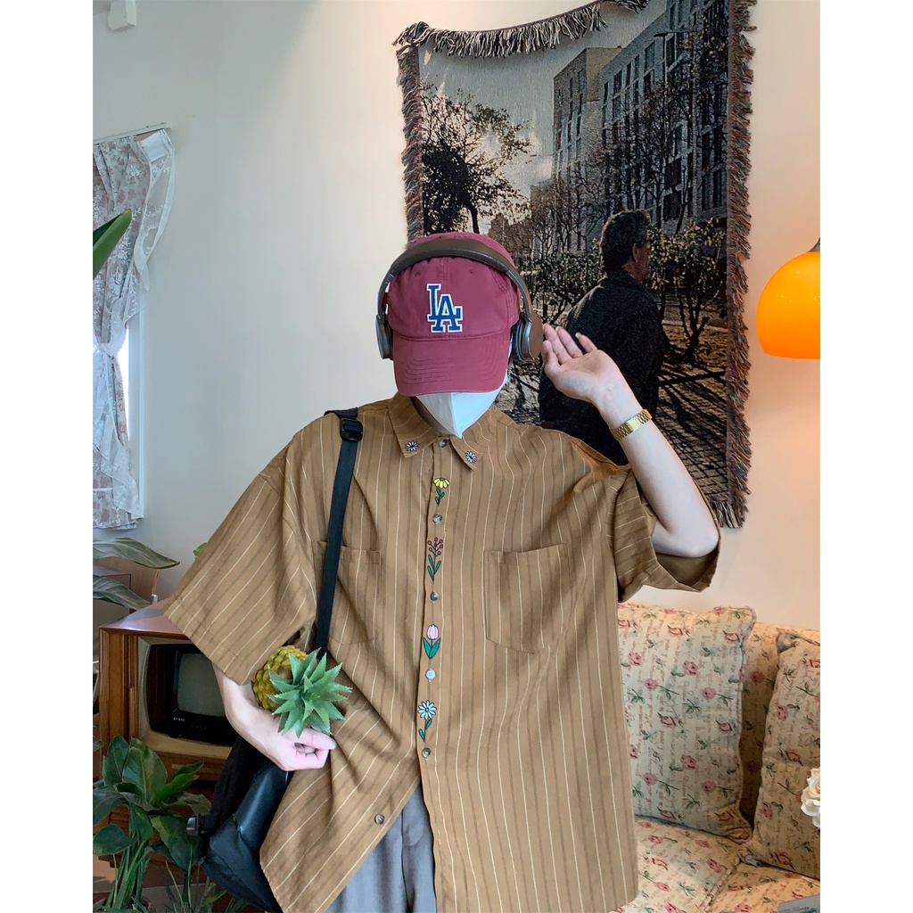 Áo Sơ Mi Ngắn Tay Họa Tiết Sọc Dọc Vintage Thời Trang Cho Nam