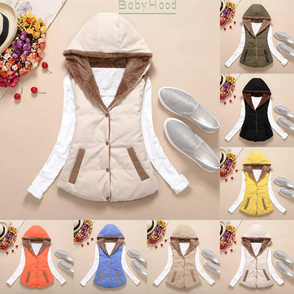 Women Winter Button Down Hooded Jacket Warmer Lady Gilet Waistcoat Padded Coat#BBHOOD