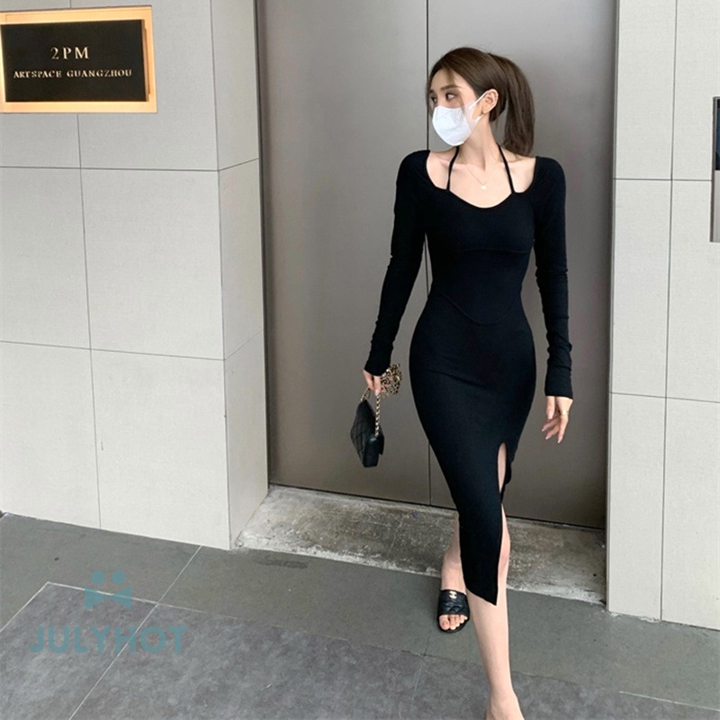 Mát mẻ dây ren-up rắn màu đen dài tay áo ăn mặc của phụ nữ sild Slit Slim Midi Dress VN