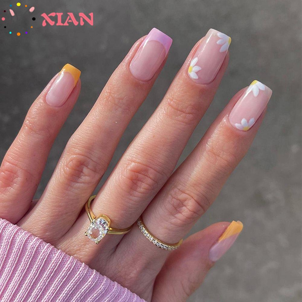 Hộp 24 Móng Tay Giả Ngắn / Tròn / Vuông Che Phủ Toàn Diện Kiểu Pháp