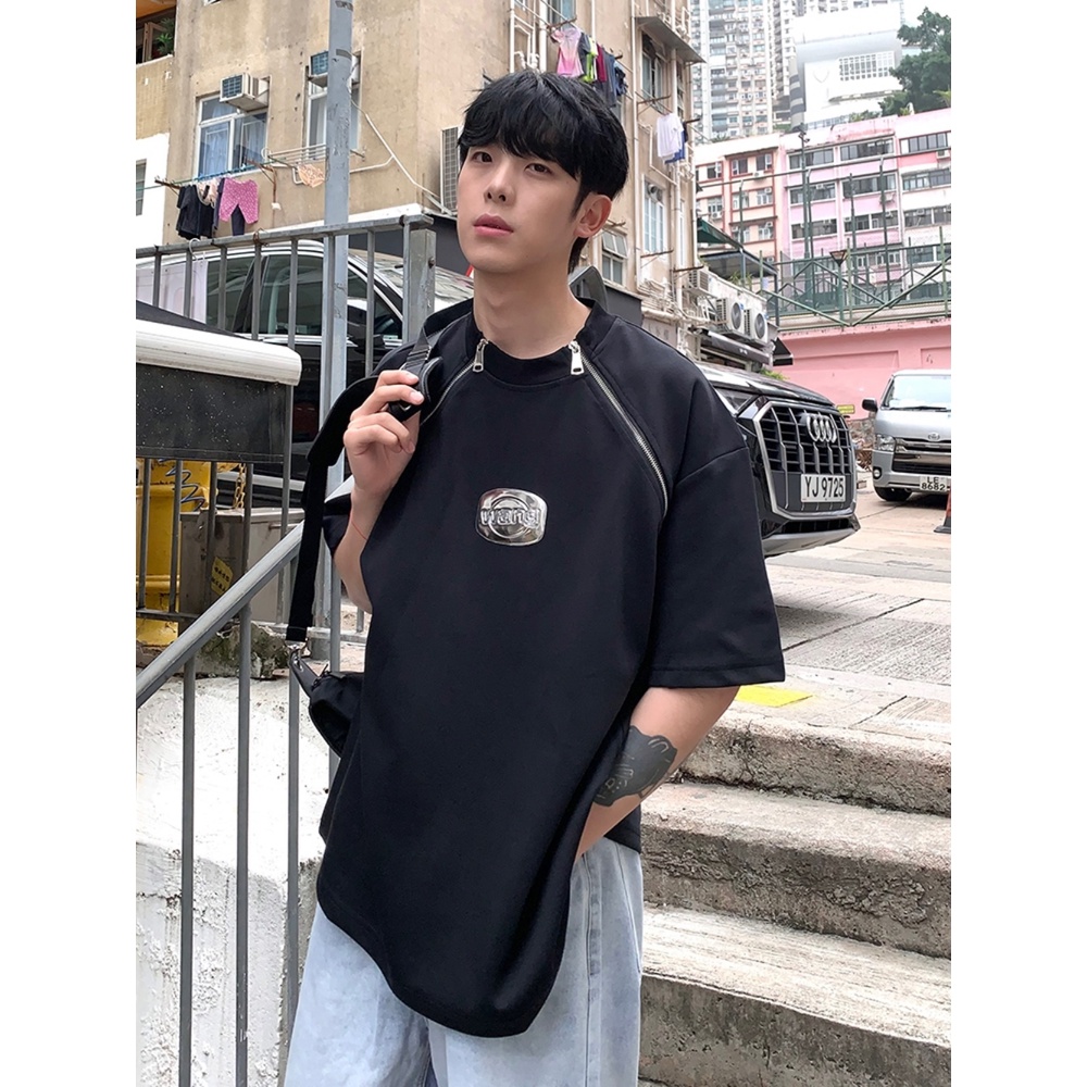 Áo Thun Tay Ngắn Cổ Tròn Dáng Rộng Phối Khóa Kéo Thời Trang Mùa Hè Cho Nam