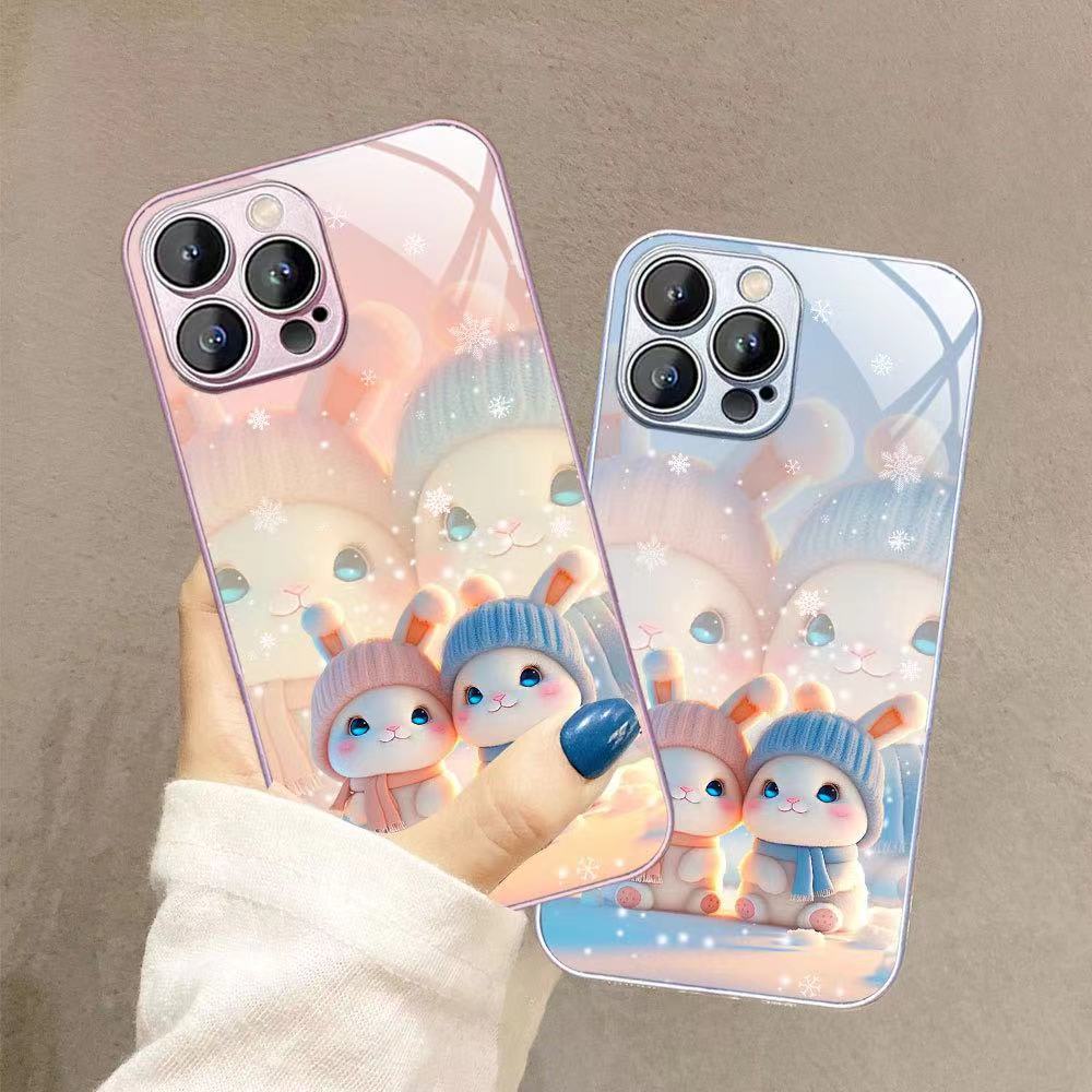 Ốp Điện Thoại Mặt Kính In Hình Thỏ Và Hoa Tuyết Cho Iphone 14 13promax 12 11pro 7 8 Plus Xsmax