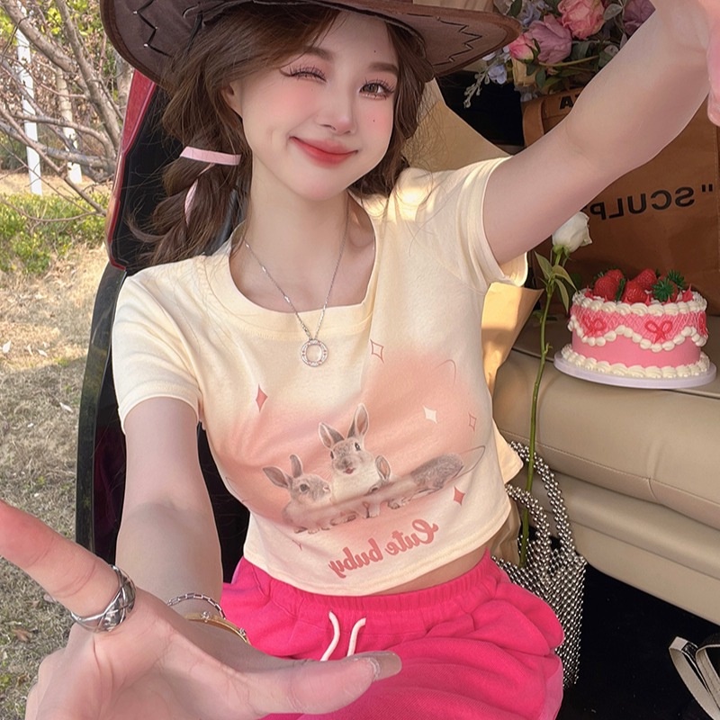 Áo Thun Tay Ngắn Hở Vai Màu Đen In Hình Thỏ Phong Cách Hàn Quốc Thời Trang Mùa Hè Cho Nữ